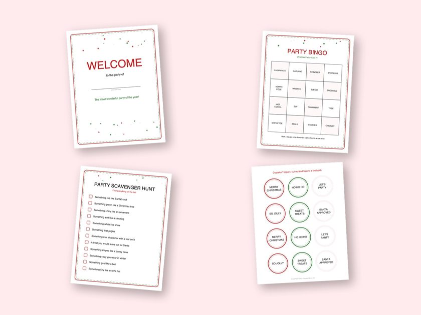 Four sample pages from the Christmas Party kit