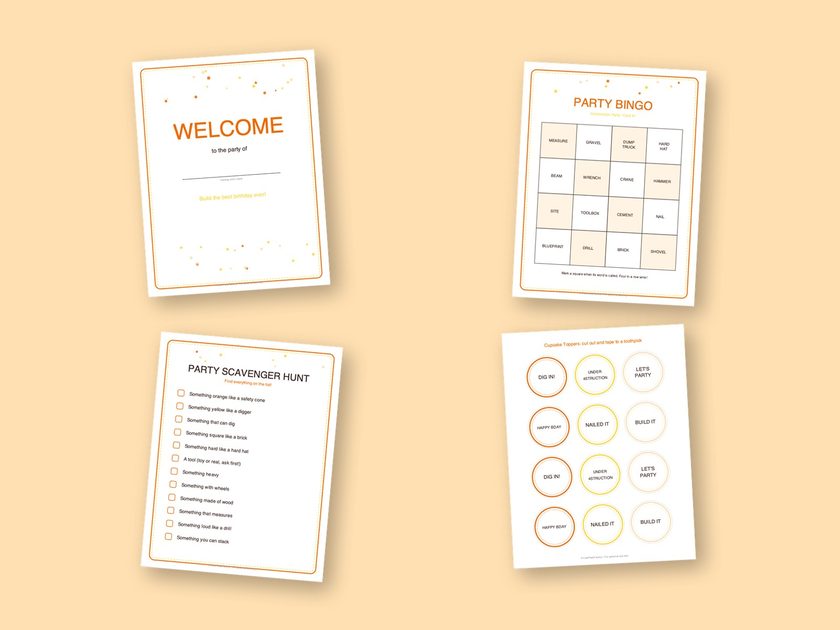 Four sample pages from the Construction Party kit