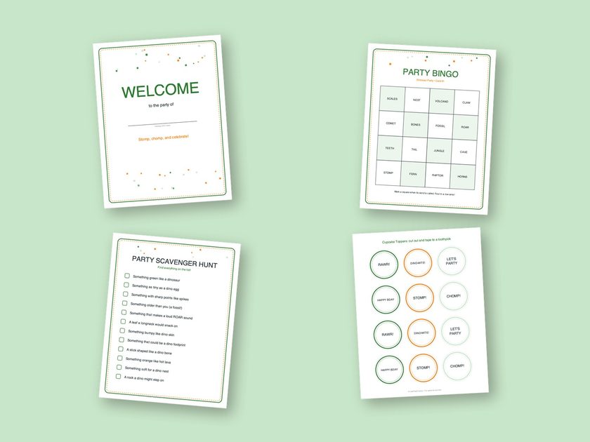 Four sample pages from the Dinosaur Party kit