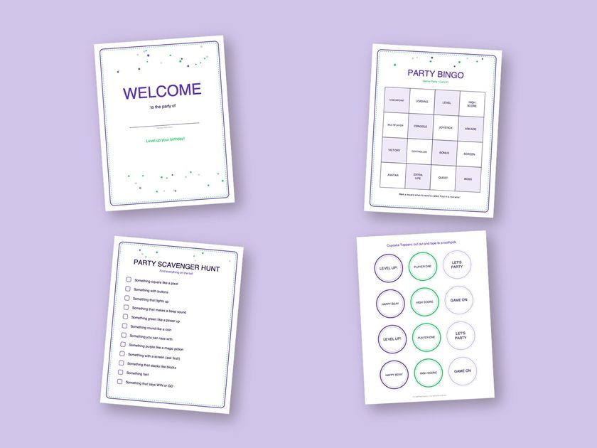 Four sample pages from the Gamer Party kit