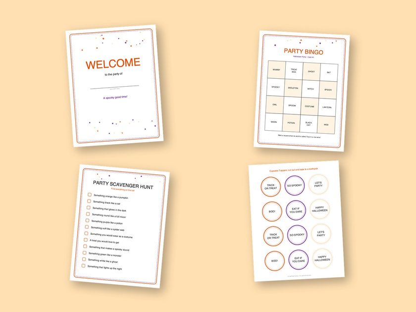 Four sample pages from the Halloween Party kit