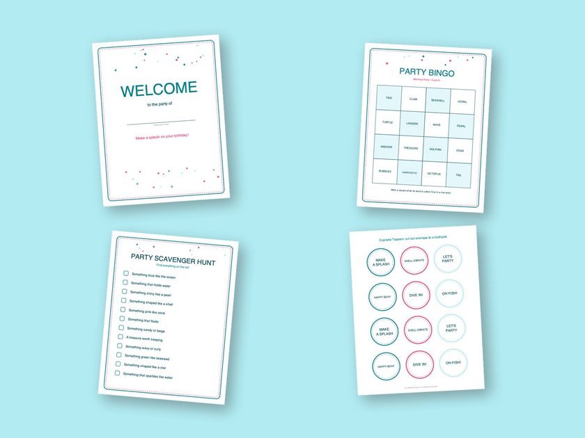 Four sample pages from the Mermaid Party kit