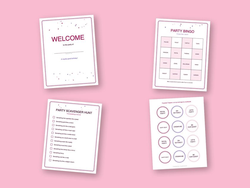 Four sample pages from the Princess Party kit