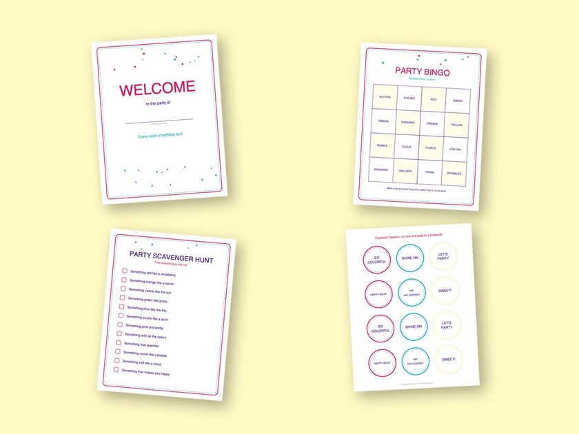 Four sample pages from the Rainbow Party kit