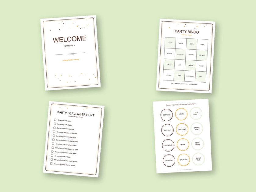 Four sample pages from the Safari Party kit