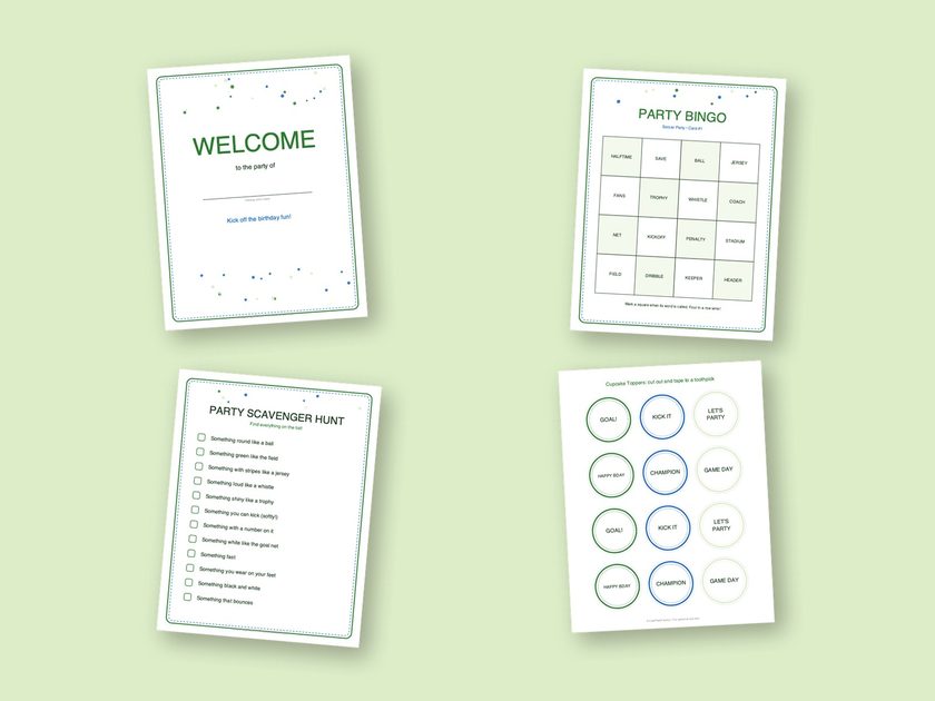 Four sample pages from the Soccer Party kit