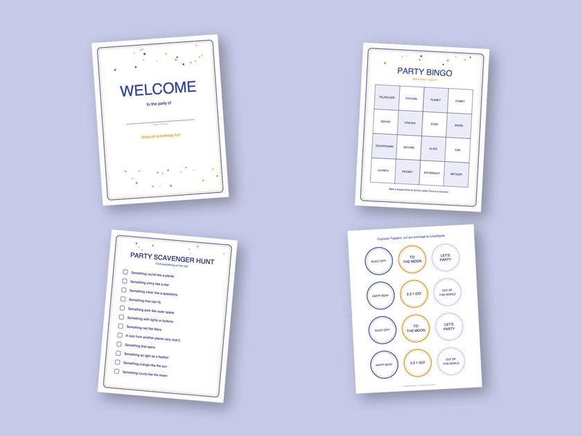 Four sample pages from the Space Party kit