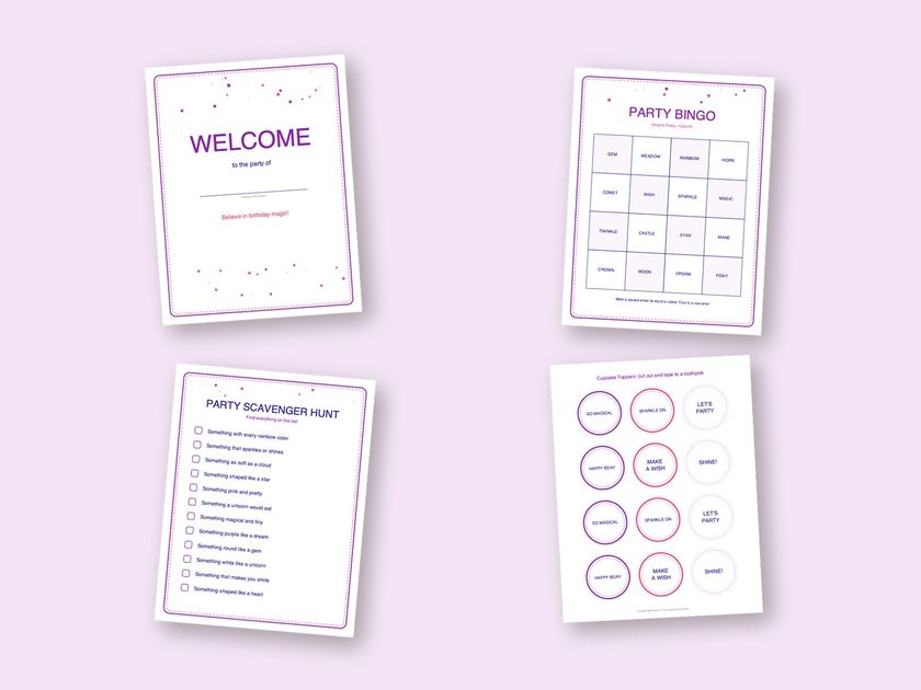 Four sample pages from the Unicorn Party kit